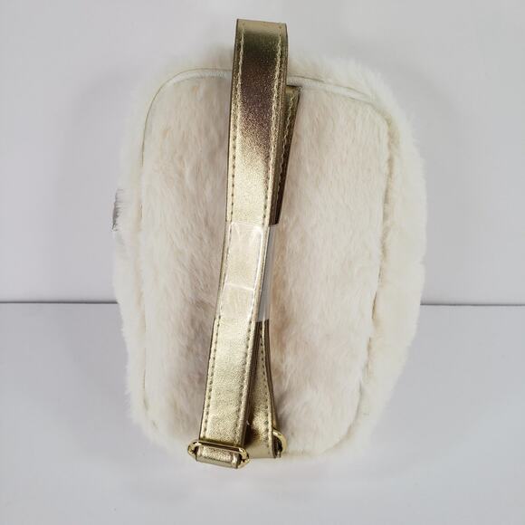 Bath & Body Works Cream Faux Fur Crossbody Makeup Bag Purse Sling Gold Strap - Picture 2 of 6